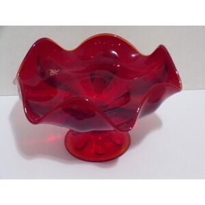Vintage Viking Ruby Red Glass MCM Ruffled Edge Epic 6 Petal Round Compote